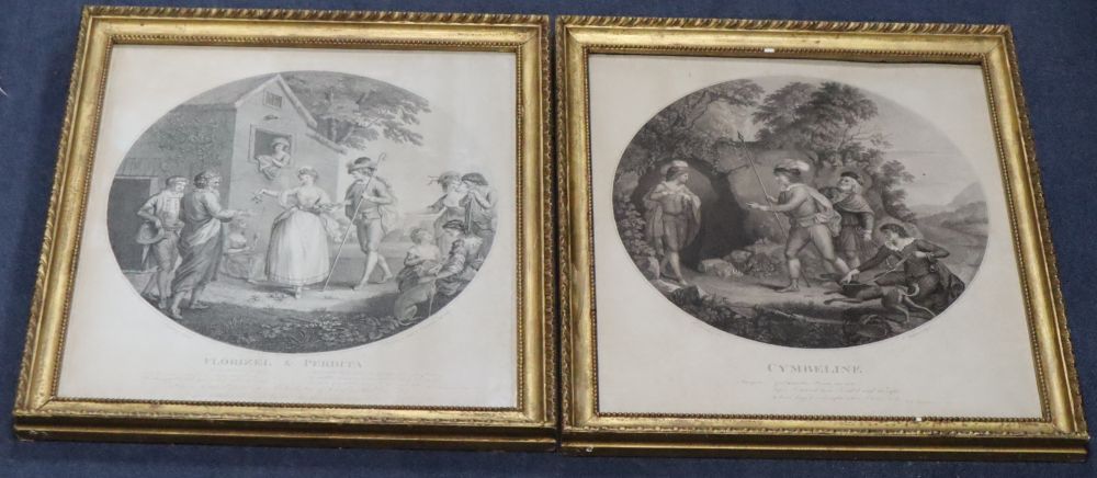 After Morland, pair of mezzotints, Portraits of ladies, ovals, 45 x 38cm, a pair of engravings after Bartolozzi, Florizel & Perdita and